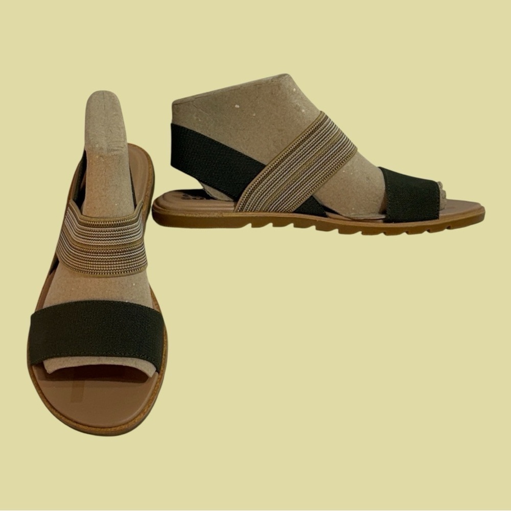 Sorel Ella Flat Sandals in Olive Beige Striped Elastic Stretch Bands Sling Sz 8 - Picture 2 of 7